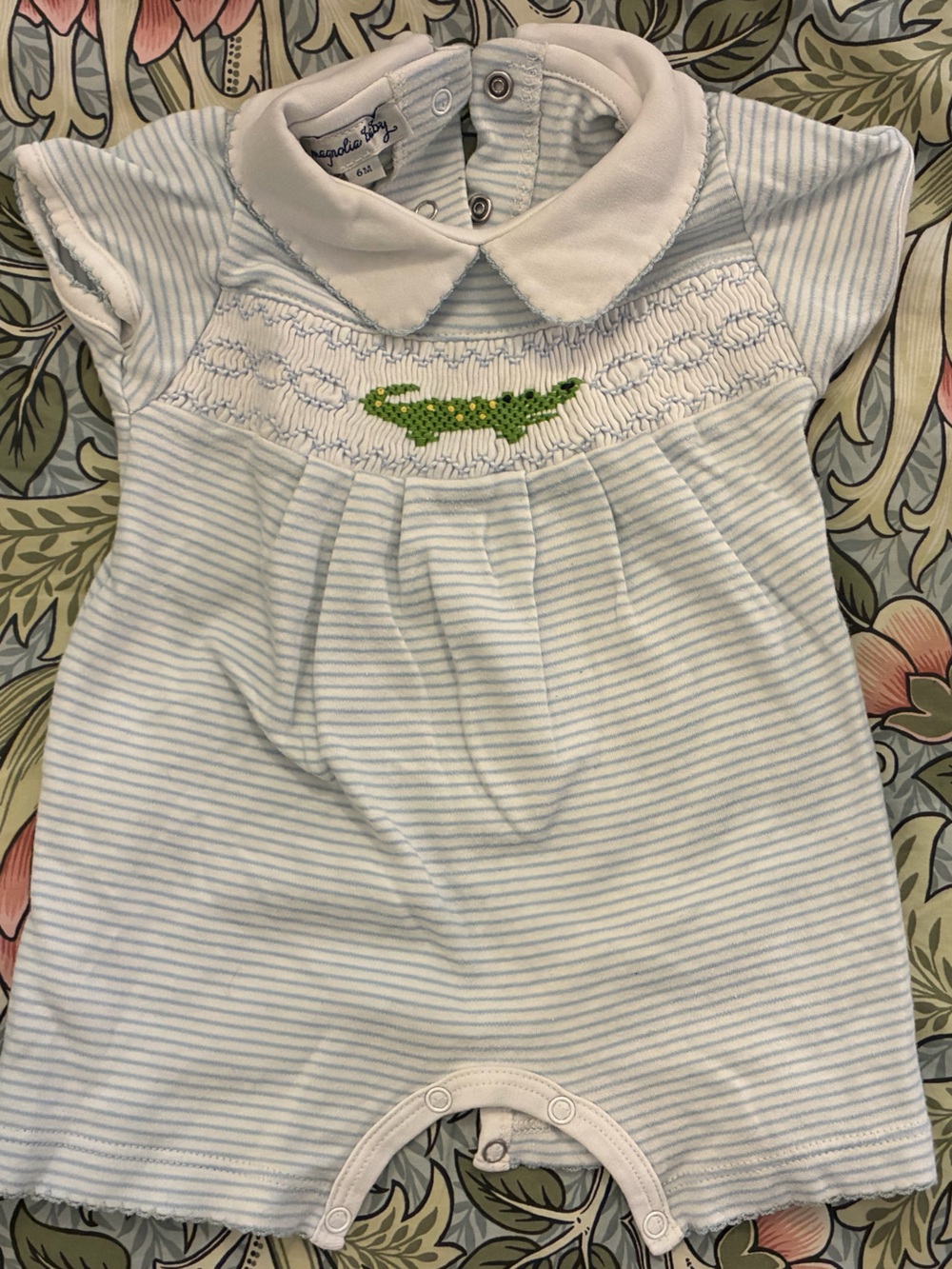 Blue & White Striped Baby Smocked Onesie with Gator Embroidered